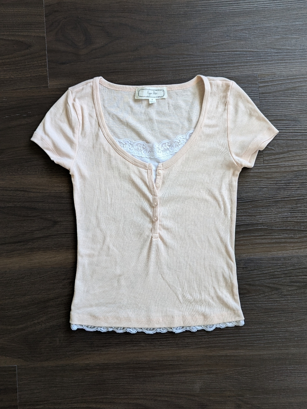 Hippie Rose Elena Lace Trim Henley Top Small Light Pink Y2K Coquette Baby Tee